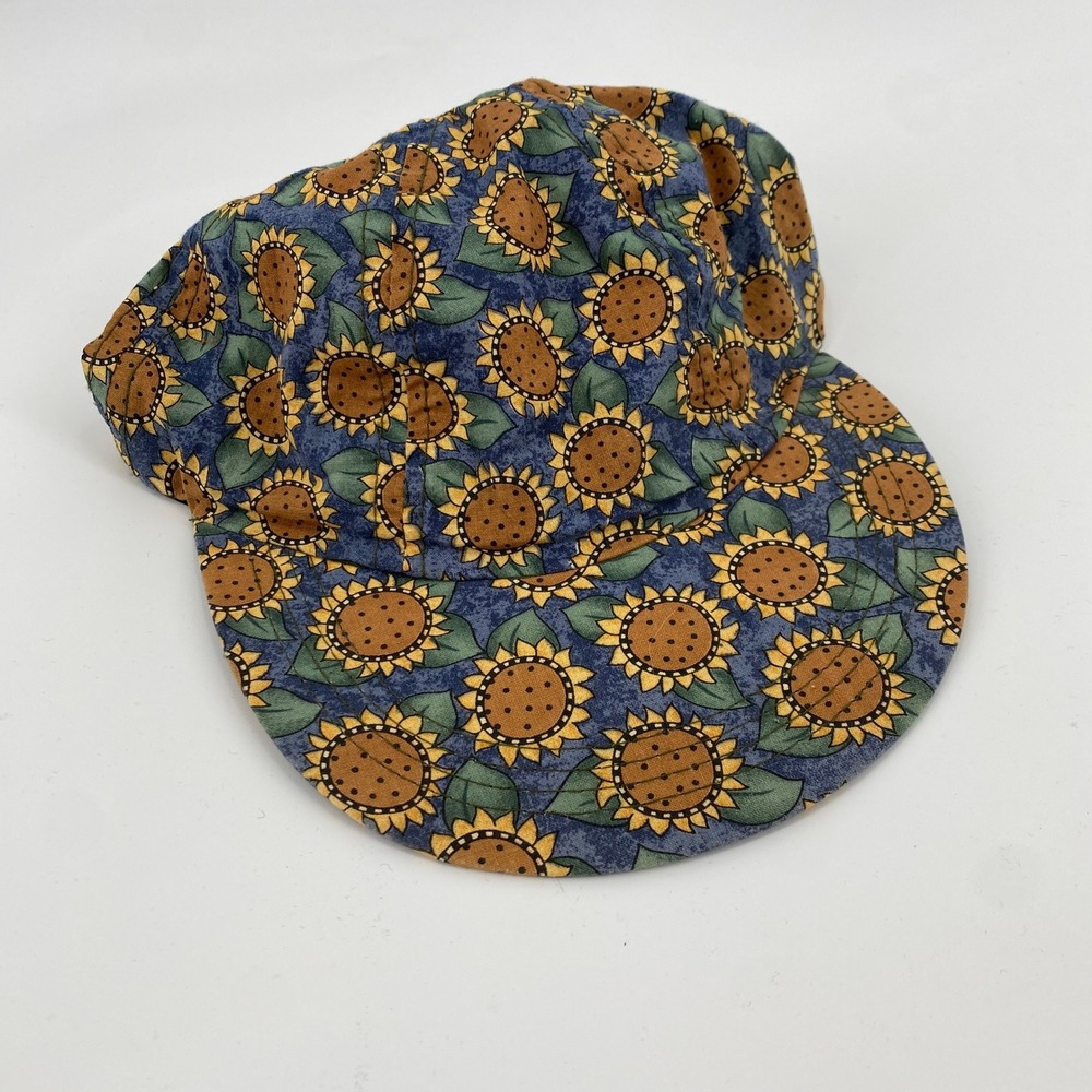 Vintage 90's Sunflower Print Baseball Cap OS Blue Yellow Floral Strapback Hat - Picture 2 of 5